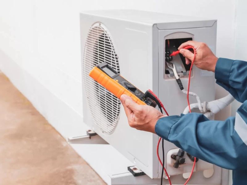 HVAC specialist testing an outdoor condenser unit